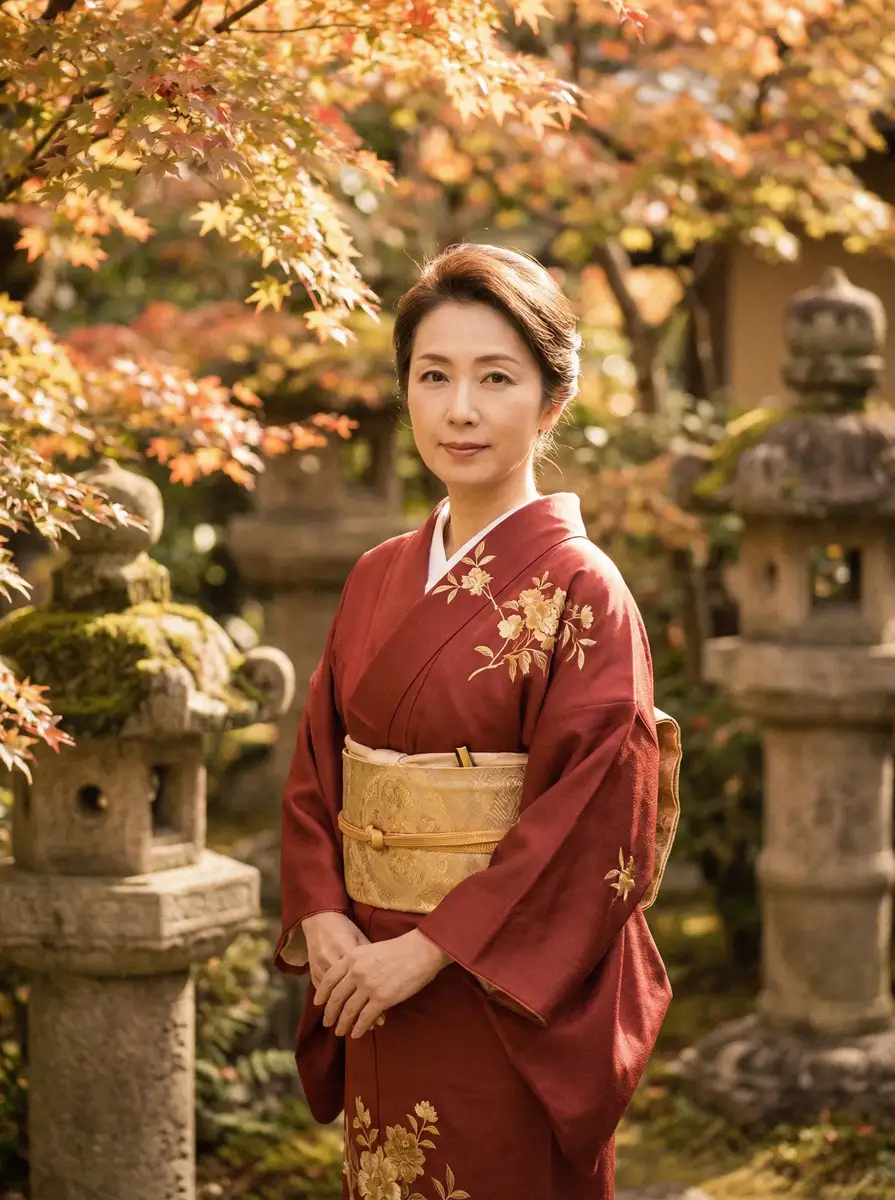 一位身穿暗红色和服的优雅 乔妈 | 精品乔妈传媒 - 乔妈永久地址高清播放 在日式庭院中